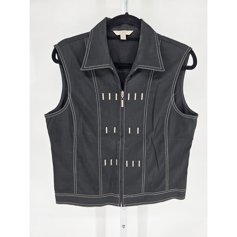 Conrad C Collection Womens Sz 12 Zip Up Denim Vest Black Cream Stitch